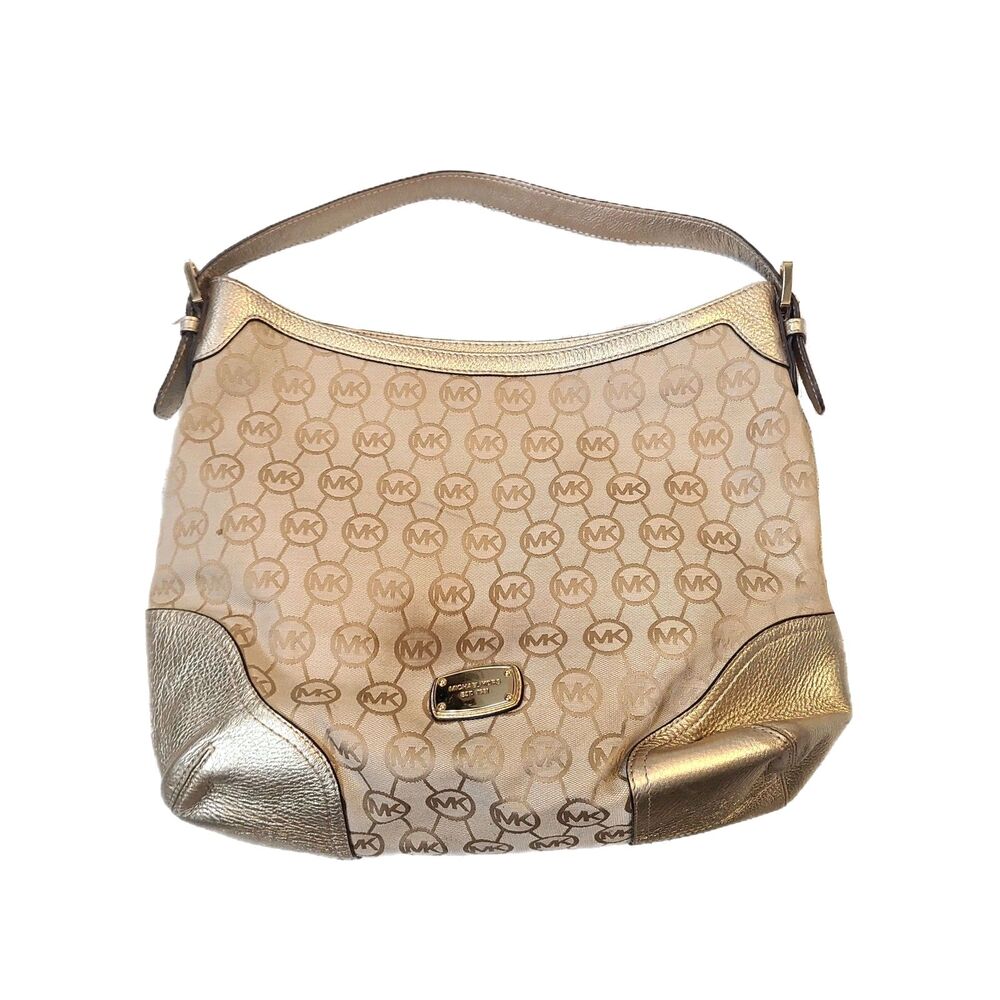 Michael Kors Signature MK Jet Set Khaki Canvas & Gold Leather Shoulder Bag VGUC